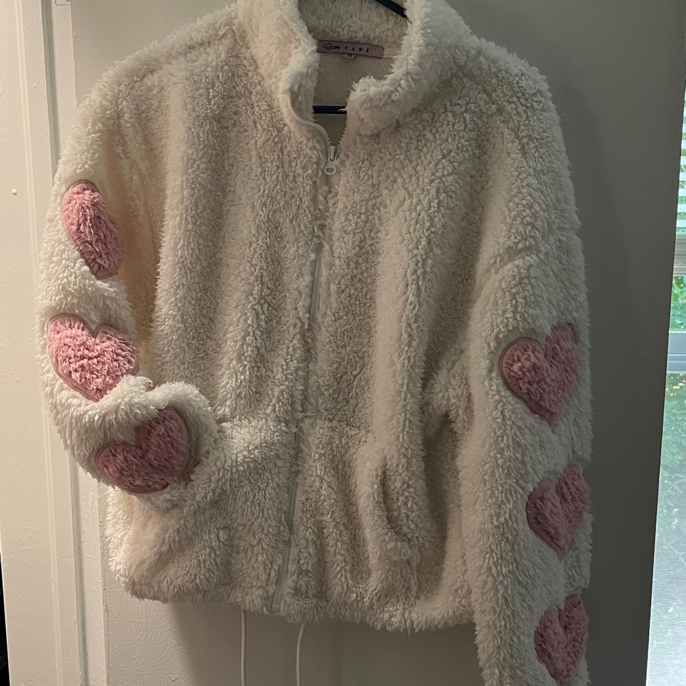 White Fleece Jacket with Pink Hearts M